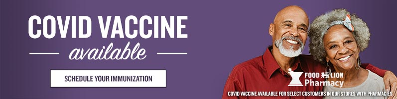 Happy senior couple arm-in-arm, Food Lion Pharmacy Logo, COVID Vaccine available for select customers in our stores with Pharmacies