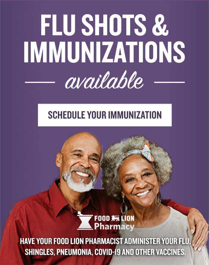 Happy senior couple arm-in-arm, Food Lion Pharmacy Logo, COVID Vaccine available for select customers in our stores with Pharmacies