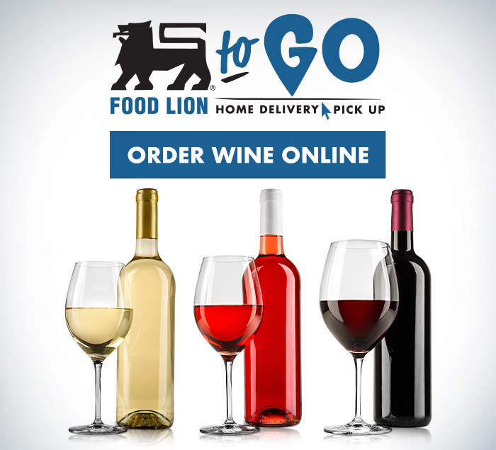 Variety of different types wine bottles, 3 wine glasses filled with wine, Food Lion To Go Logo