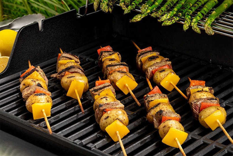 Steak and Potato Kabobs on the Grill, Asparagus, Lemons