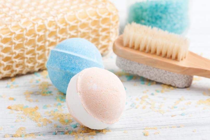 Bath bombs, pummice stone, scrub brush, loufa, bath sponge