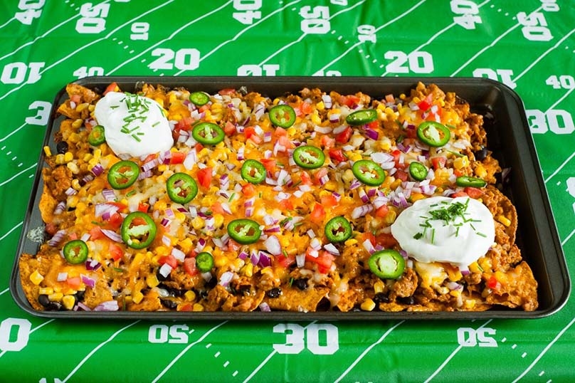 Sheet Pan Nachos, football field tablecloth